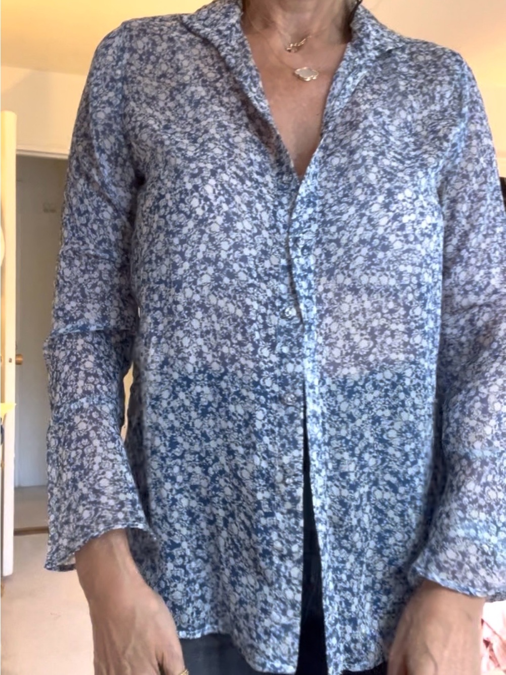 Zara sheer blue white and blue floral button up shirt size M